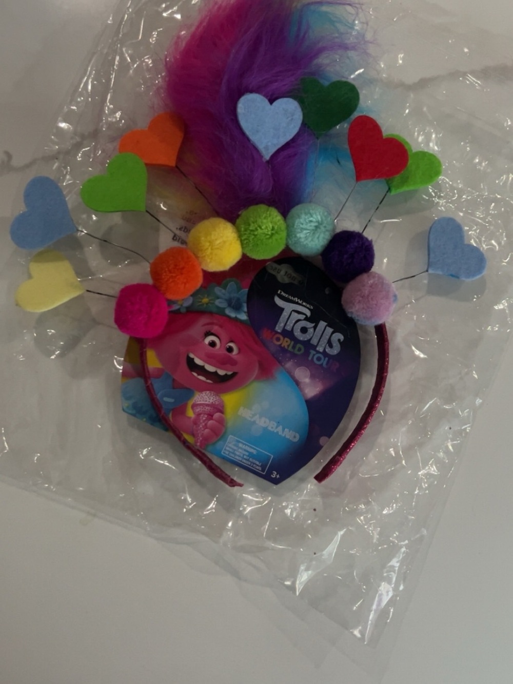 Trolls Rainbow Heart Pom Headband - pink purple blue green red orange yellow
